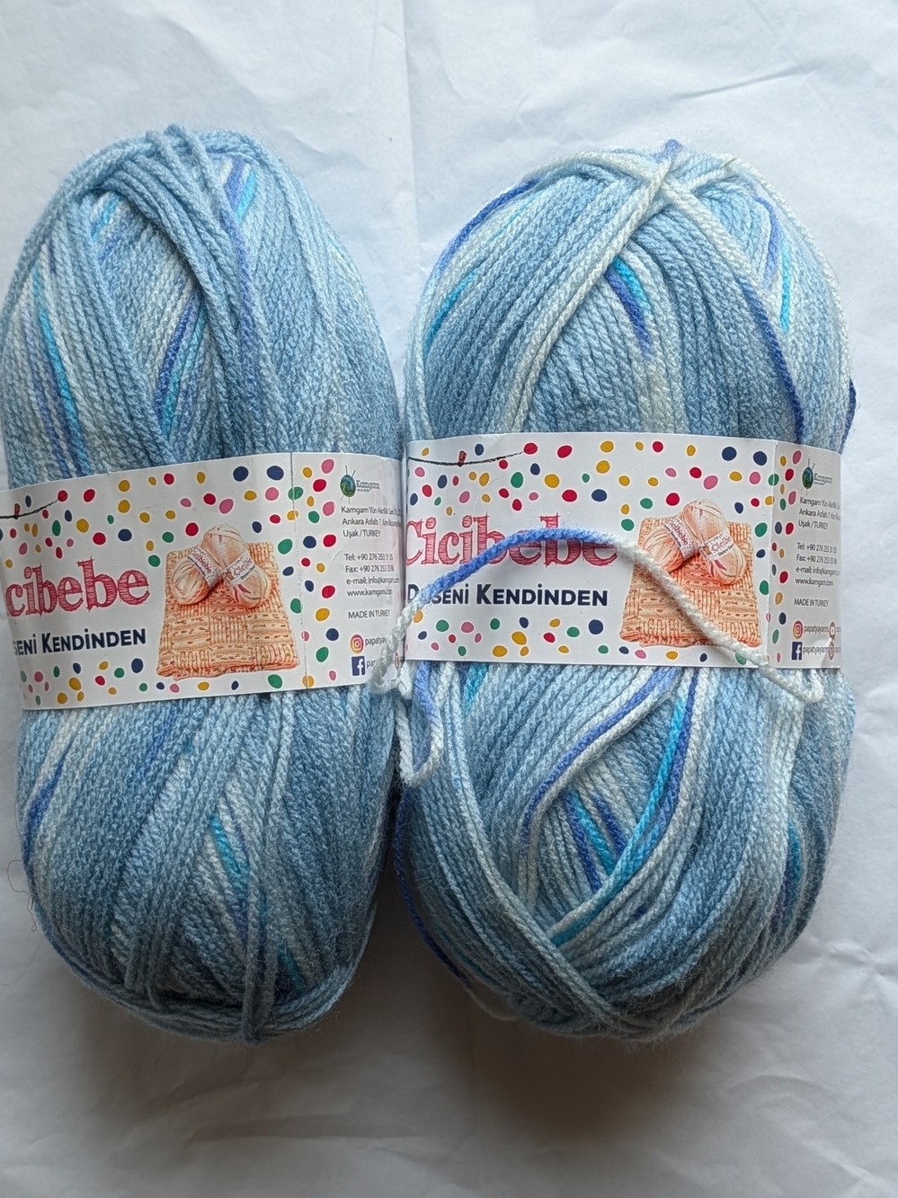 2 skeins of Cicibebe yarn in variegated blue